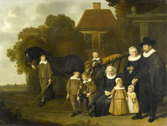 Portrait de la famille Meebeeck Cruywagen près de la porte de leur maison de campagne sur l